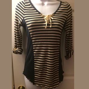 TINY Lace Up Henley Shirt Top Ribbed Thermal Blue